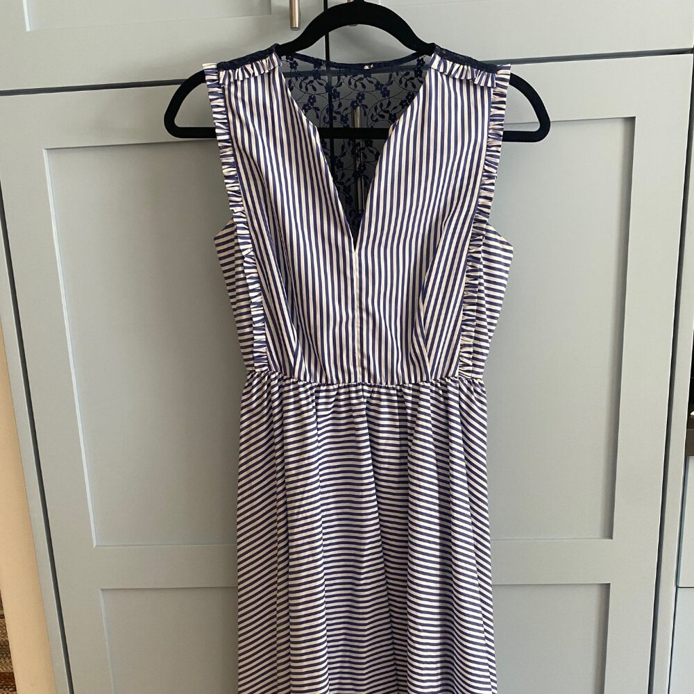 Sandro Seersucker lace-back high low striped dress with ruffle trim